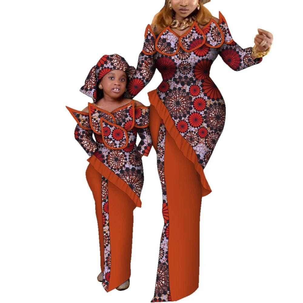 Mom and daughter wearing matching Ankara African wax print maxi dresses by SHOWLU FASHION STORE, cotton family matching clothing.