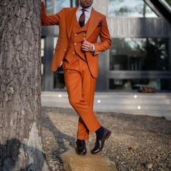 Fashion Orange Men Suits Single Breasted Peaked Lapel Regular Length 3 Piece Jacket Pants Vest Outfit High Quality Male Clothing - SHOWLU FASHION STORE