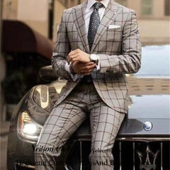 Fashion Plaid Male Prom Blazers 2 Pieces Jacket Pants Sets Peaked Lapel Groom Wedding Tuxedos Business Slim Fit Costume Homme - SHOWLU FASHION STORE