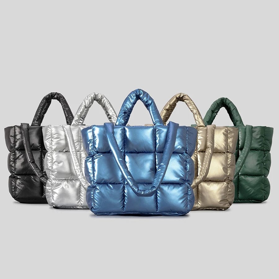 SHOWLU FASHION STORE DUSUN plaid padded nylon tote bag with soft puffy design, ideal for women’s shoulder or winter use.