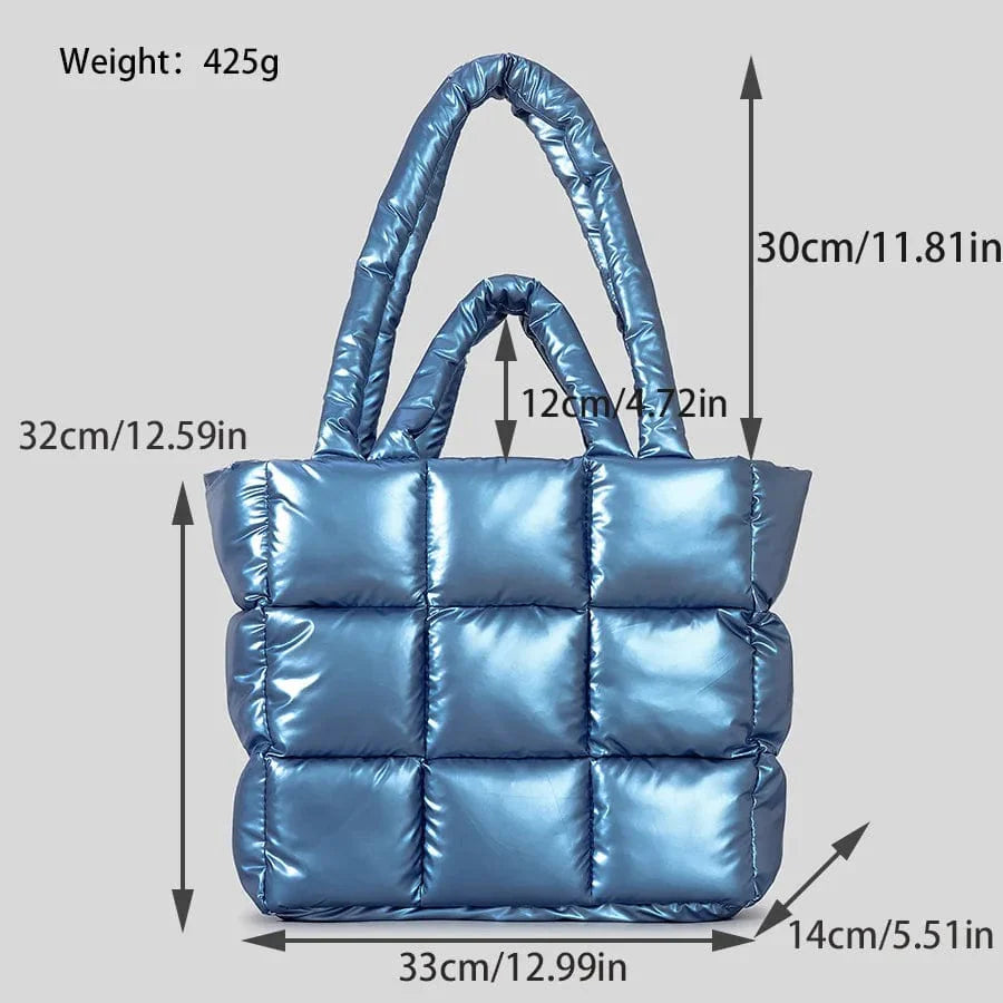 DUSUN plaid padded nylon tote bag with soft, puffy design for women, featuring a shoulder strap and warm winter style.