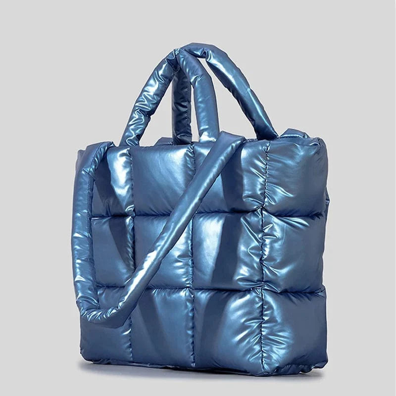 DUSUN plaid padded nylon tote bag with soft puffy design, shoulder strap, and warm winter style for women.