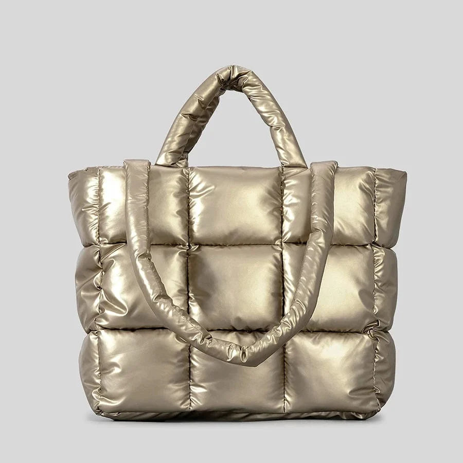 DUSUN plaid padded tote bag by SHOWLU FASHION STORE, soft nylon puffy shoulder handbag for women with warm winter design.