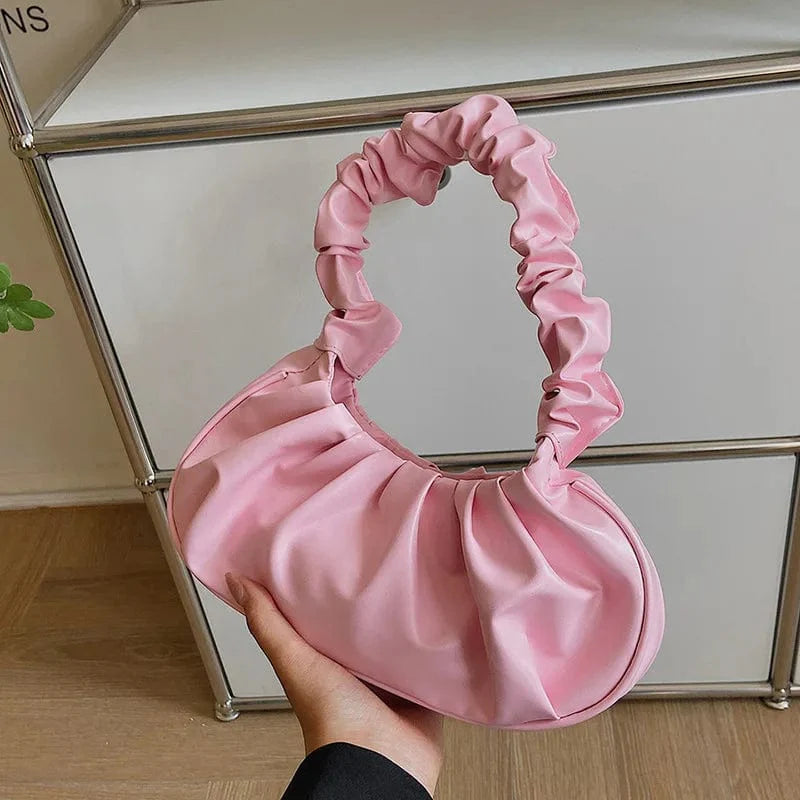 Women's pleated PU leather cloud bag by Showlu Fashion Store, stylish hobo handbag with a pleated handle and versatile shoulder strap.