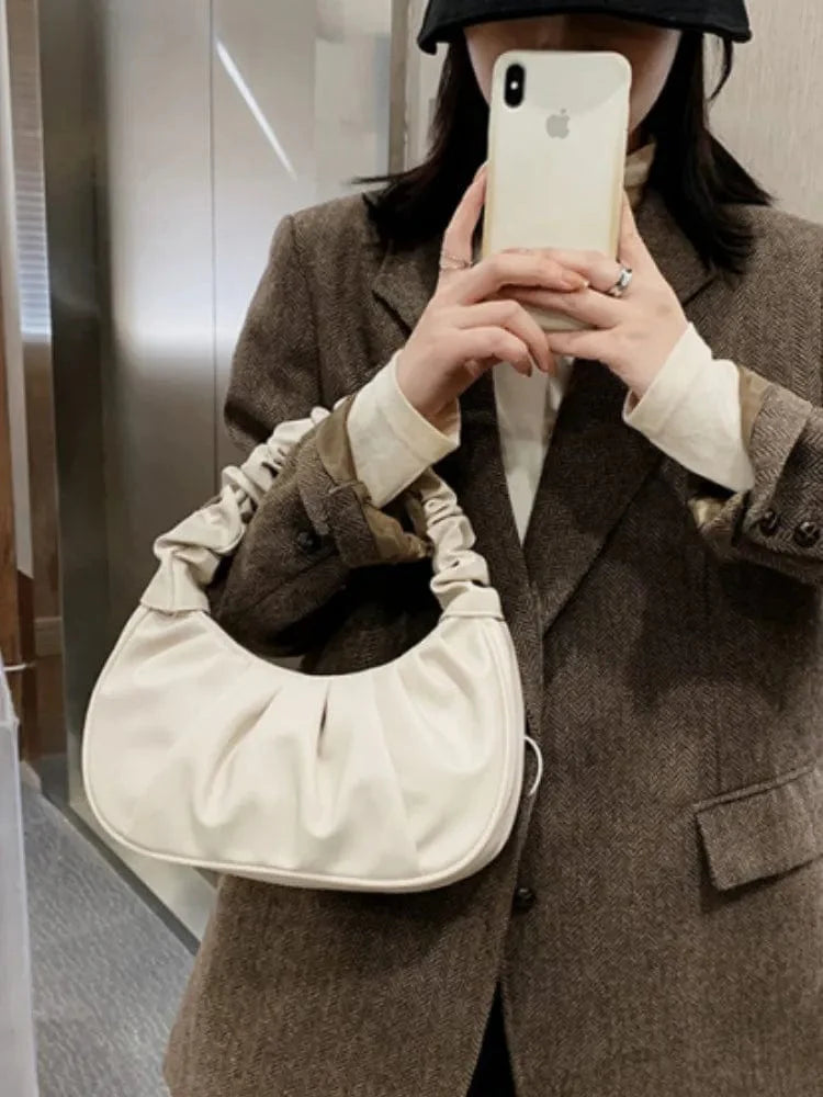 Showlu Fashion Women's Pleated PU Leather Cloud Bag, stylish hobo handbag with pleated design and comfortable shoulder strap