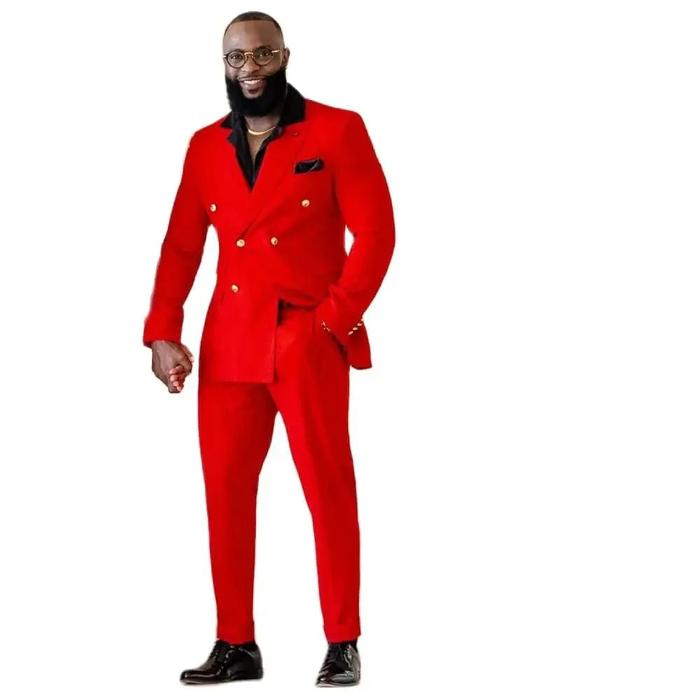 Red men's double-breasted slim fit business suit with jacket and pants, perfect for formal occasions and weddings.