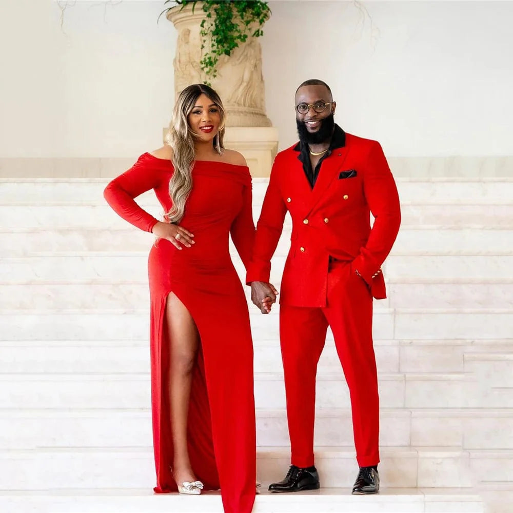 Red double-breasted men's business suit by SHOWLU FASHION, featuring slim fit blazer and matching pants for formal occasions.