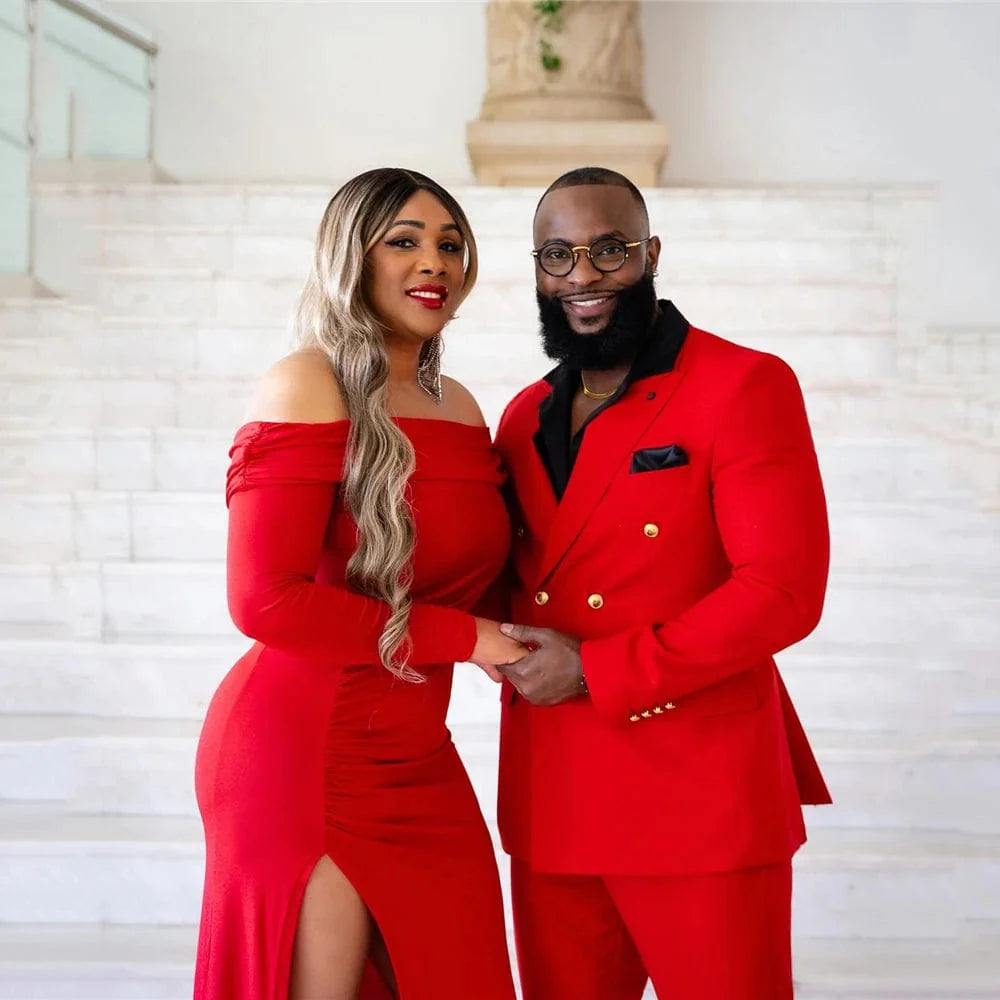 Men's red double-breasted slim fit business suit with blazer and pants, stylish and perfect for formal occasions or weddings.