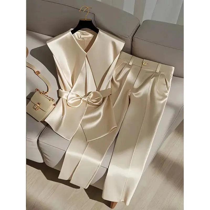 SHOWLU FASHION STORE satin two-piece set with a Peter Pan collar vest and high-waist wide-leg pants, elegant celebrity-inspired outfit