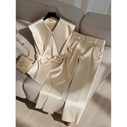 Fashion Satin Celebrity Outfits Elegant OL Peter Pan Collar Bow Sleeveless Vest + High Waist Wide Leg Pants Two Piece Set 376P - SHOWLU FASHION STORE