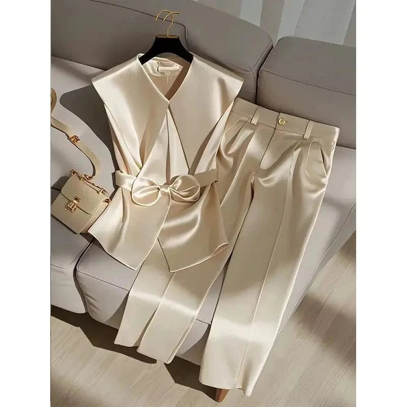 Elegant satin two-piece set by SHOWLU FASHION STORE with a Peter Pan collar vest and high-waist wide-leg pants.