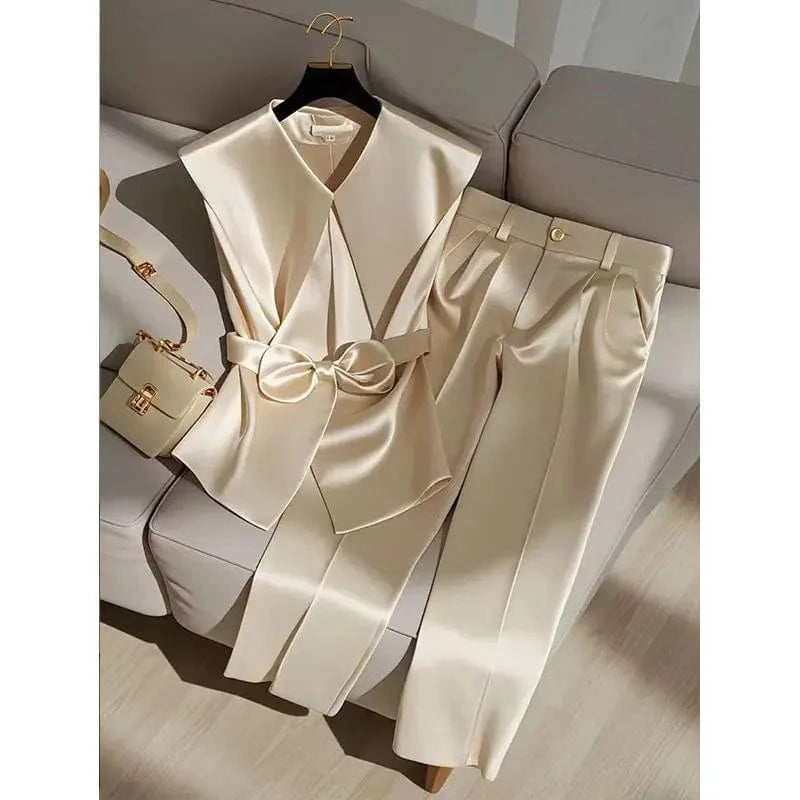 SHOWLU FASHION STORE satin two-piece set with a Peter Pan collar vest and high-waist wide-leg pants, stylish celebrity-inspired outfit