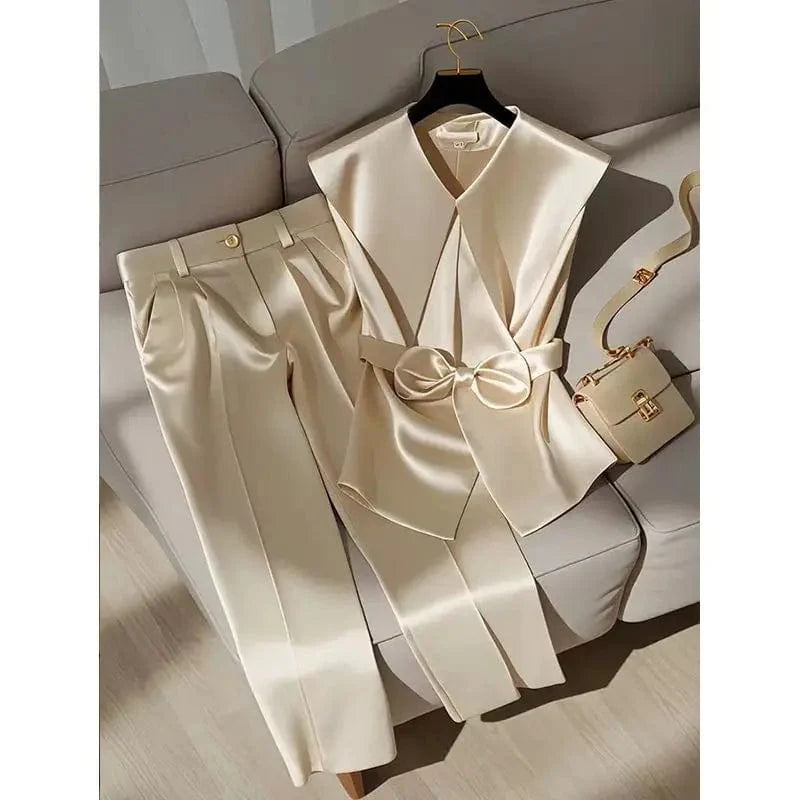 SHOWLU FASHION Satin two-piece set with a Peter Pan collar vest and high-waist wide-leg pants, elegant and fashionable.