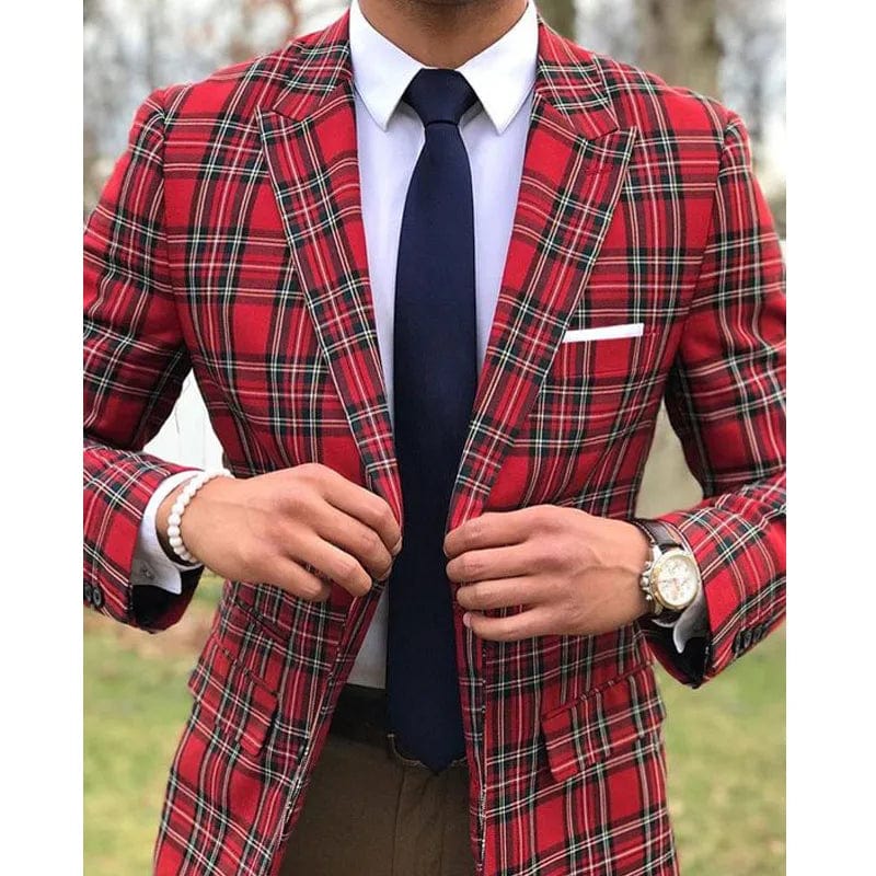 Scottish plaid men's slim fit wedding suit with blazer and pants, peaked lapel, stylish tuxedo for groom from SHOWLU FASHION STORE