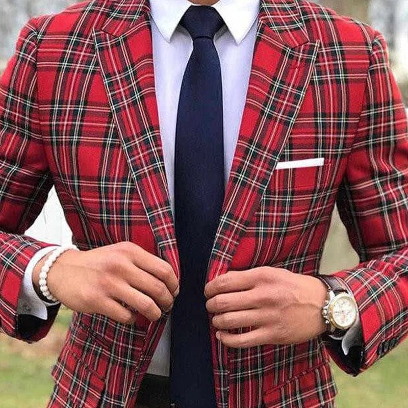 Scottish plaid men's wedding suit by SHOWLU FASHION STORE, slim fit tuxedo with peaked lapel, 2-piece blazer and pants for groom.