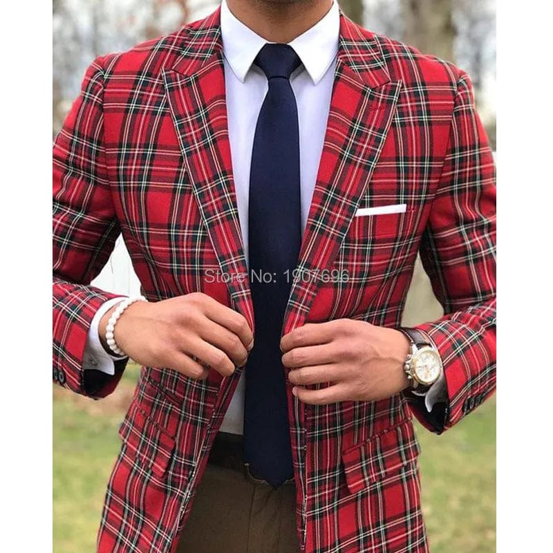 Scottish plaid men's wedding suit by SHOWLU FASHION STORE, slim fit tuxedo with blazer and matching pants, peaked lapel style.