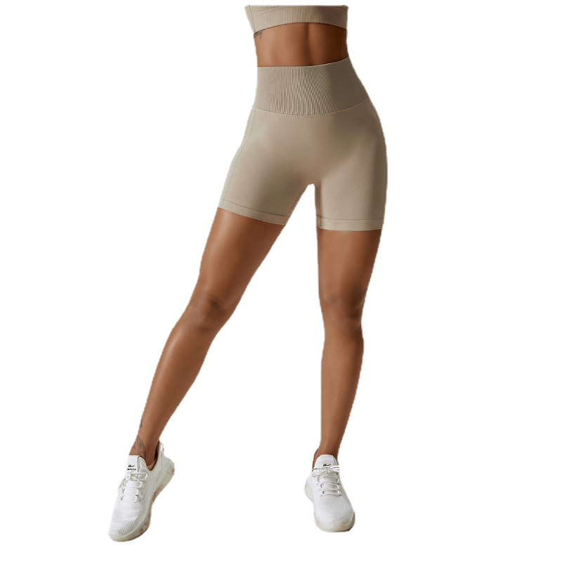 Showlu Seamless Yoga Shorts in peach with high waist and hip-raising design, perfect for fitness, running, and gym workouts.