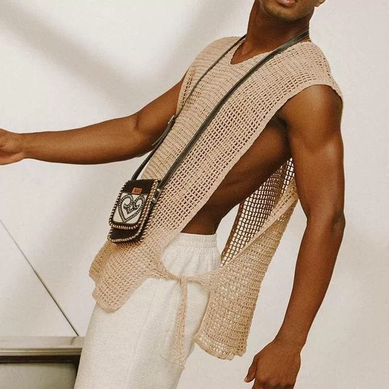 Men's sleeveless cut-out net cloth T-shirt vest with summer crewneck, stylish and breathable fashion top by SHOWLU FASHION STORE.