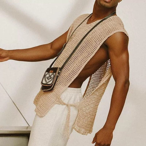 Men's sleeveless cut-out net cloth T-shirt vest with summer crewneck, stylish and breathable fashion top by SHOWLU FASHION STORE.