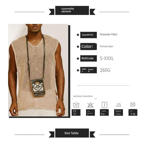 Men's sleeveless cut-out net cloth T-shirt vest with summer crewneck, stylish and breathable fashion top from SHOWLU FASHION STORE.