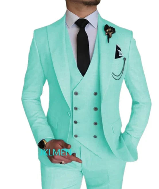 Sky blue 3-piece men's suit by SHOWLU FASHION, featuring a slim fit tuxedo with peak lapel suitable for weddings and formal events.