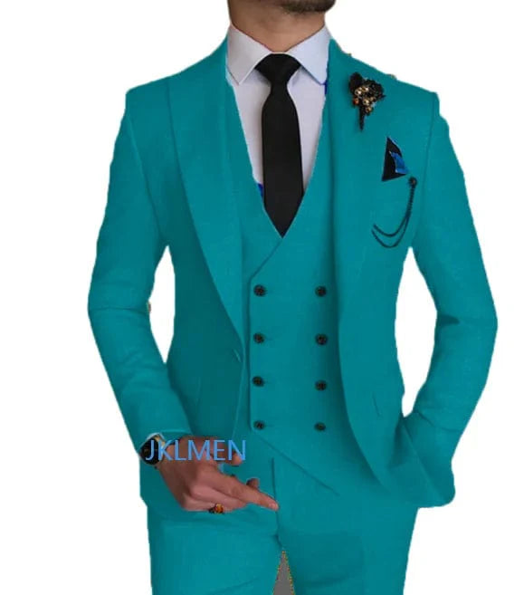 Sky blue 3-piece men's suit with peak lapel, skinny fit, perfect for weddings and formal occasions, by SHOWLU FASHION STORE.