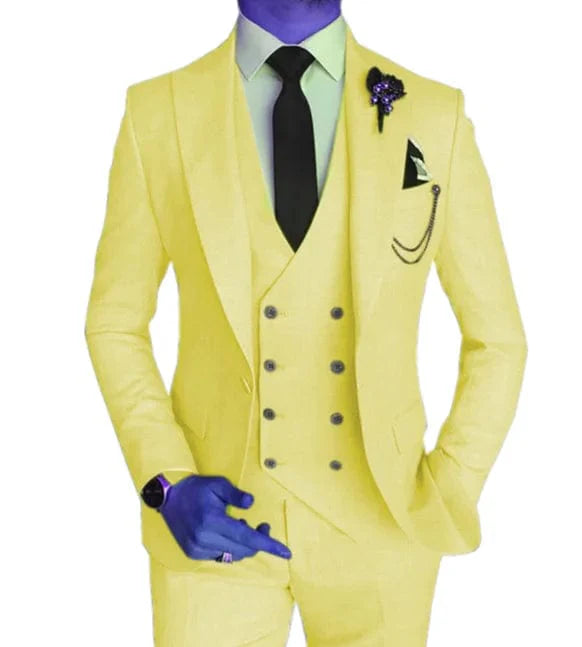 Sky blue 3-piece men's suit with peak lapel, skinny fit, ideal for wedding or formal occasions, shown on a stylish male model