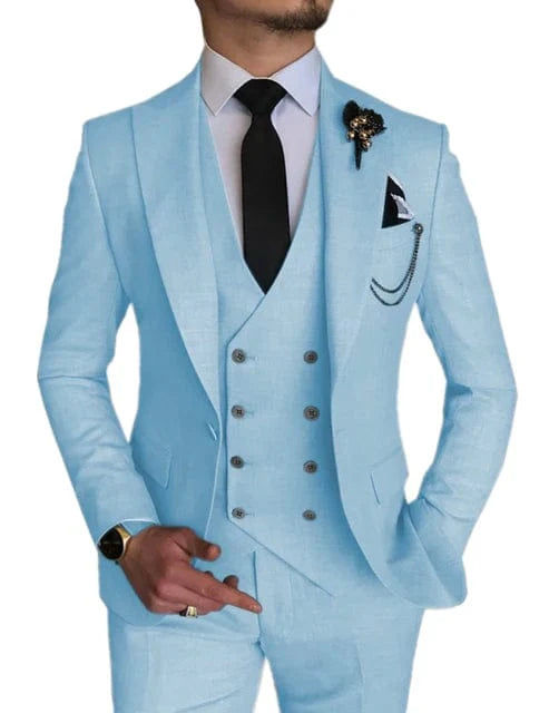 Sky blue 3-piece men's suit with peak lapel, skinny fit, ideal for weddings and formal occasions, by SHOWLU FASHION STORE.