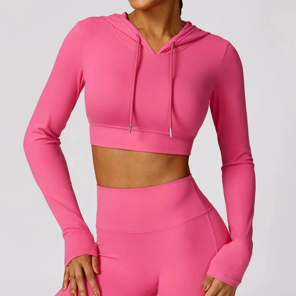 Showlu Women's quick-drying hooded long sleeve yoga T-shirt for workout, outdoor running, and exercise, with a comfortable fit