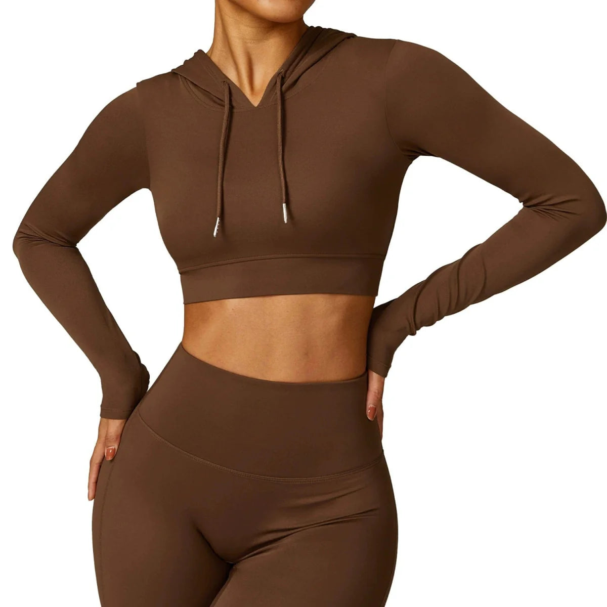 Showlu women's quick-drying hooded long sleeve yoga T-shirt for outdoor running and exercise, lightweight and comfortable workout top.