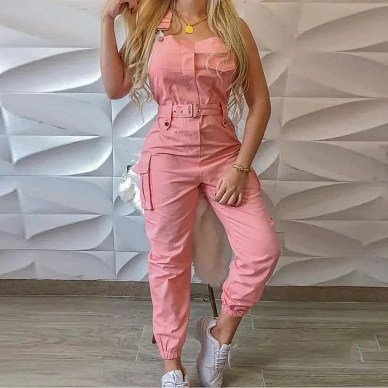 Showlu Women's loose strap jumpsuit with cargo pockets, solid color, casual fit, long romper for summer and everyday wear.