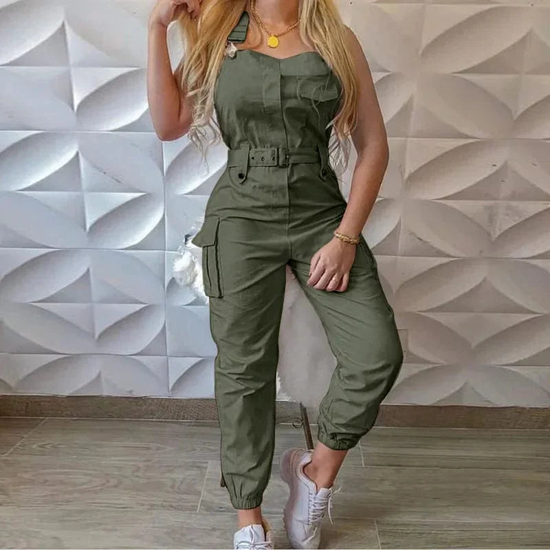 Showlu Women's loose strap jumpsuit with cargo pockets, solid color, casual style, long romper for summer or casual wear.