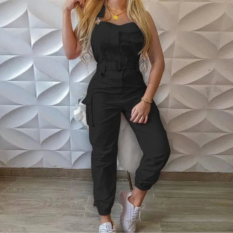 Showlu Women's loose strap jumpsuit with cargo pockets, solid color, casual style, long romper perfect for summer and casual wear.