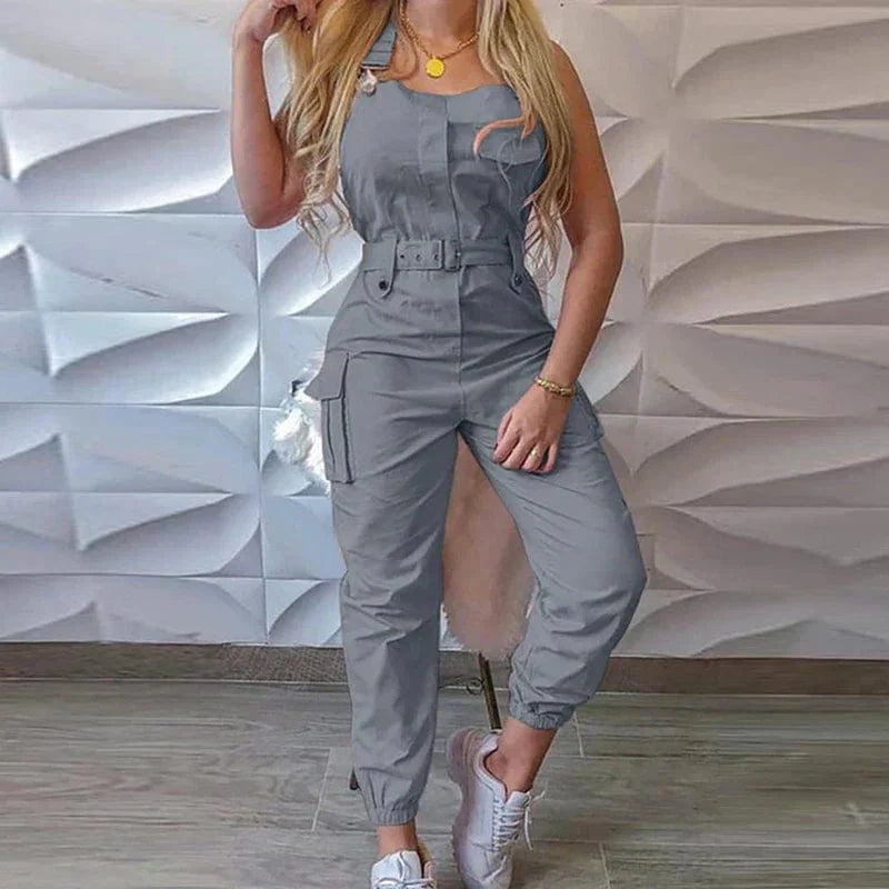 Showlu Women's loose strap jumpsuit with cargo pockets, solid color, casual style, long romper perfect for summer and everyday wear.