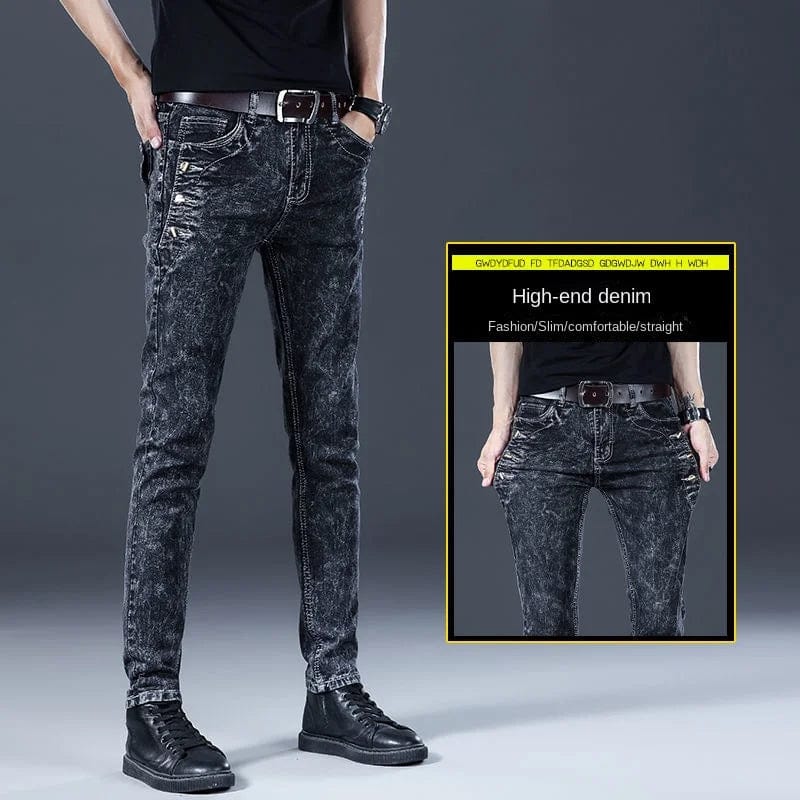 Showlu men's slim-fit smoke gray denim jeans featuring a classic Korean Kpop streetwear style with casual cowboy-inspired design.