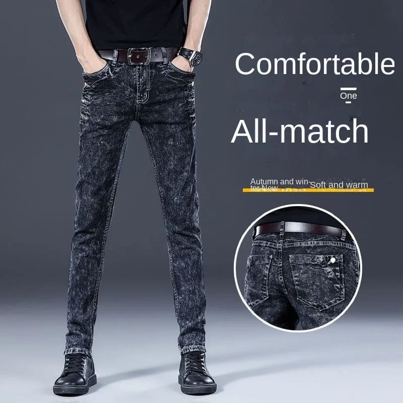 Showlu men's slim-fit smoke gray denim jeans with classic Korean streetwear style, casual and stylish cowboy pants for men.