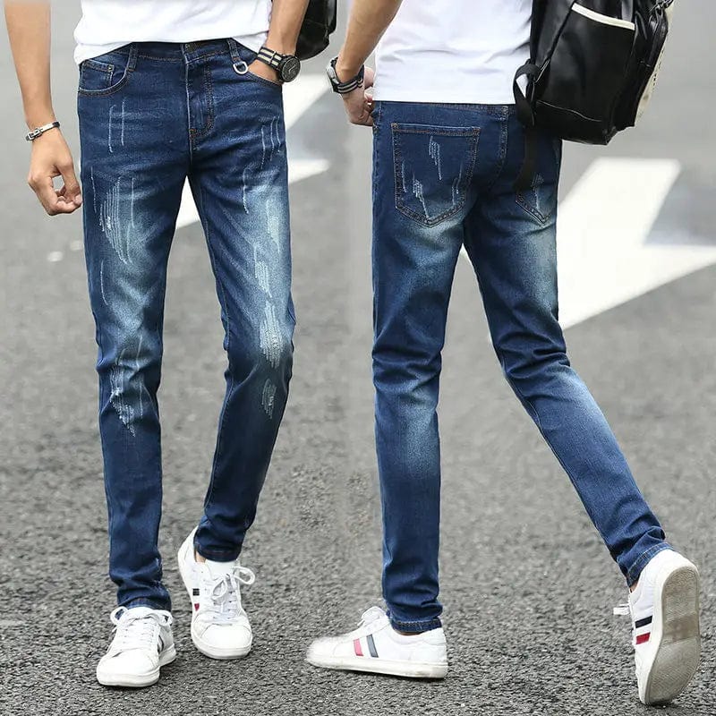 Showlu Men's slim-fit smoke gray denim jeans, Korean Kpop streetwear style, casual cowboy-inspired pants for men.