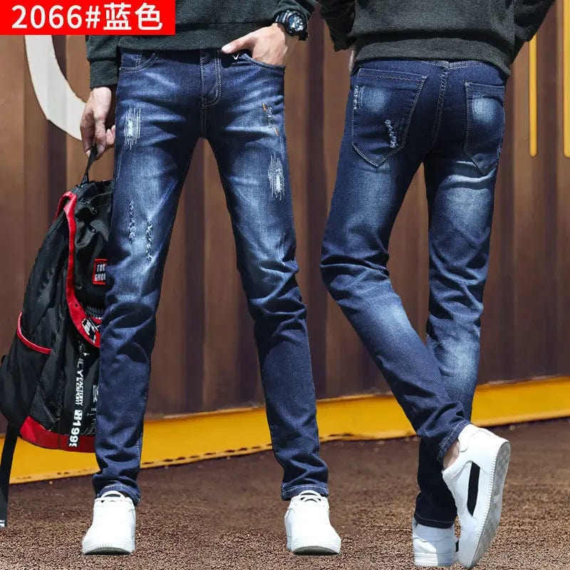 Showlu Men's slim-fit smoke gray denim jeans with classic streetwear style, casual cowboy-inspired design for Korean Kpop fashion.