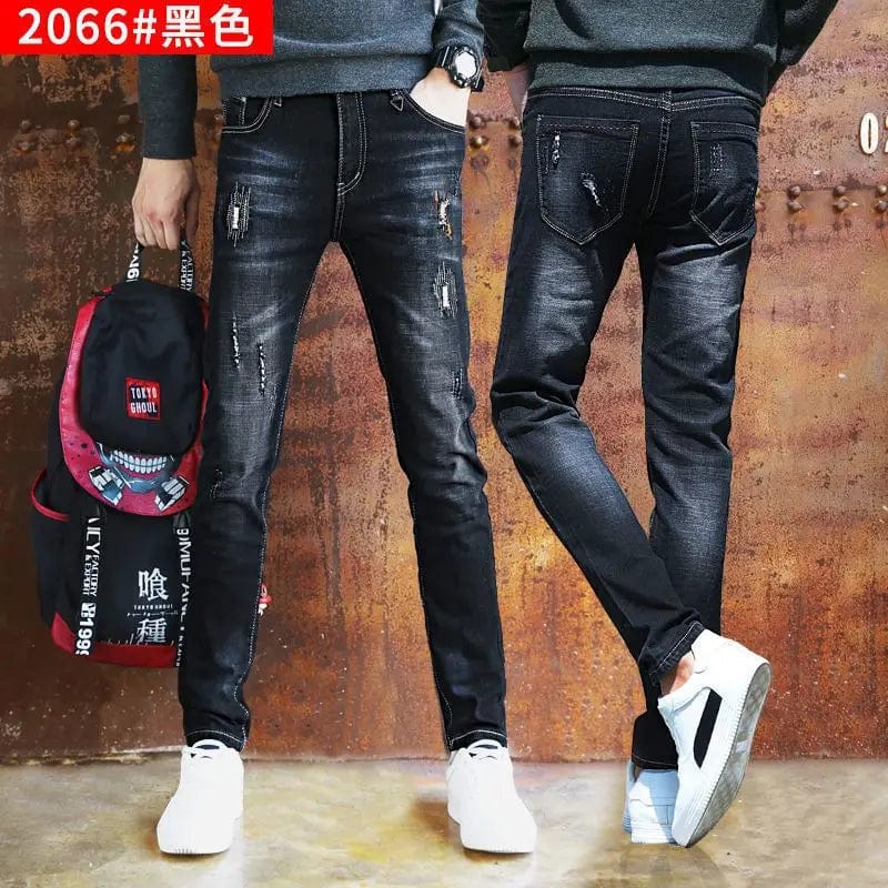 Showlu men's slim-fit smoke gray denim jeans with classic Korean streetwear style, casual and stylish cowboy-inspired pants for men