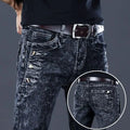 Showlu Men's slim-fit smoke gray denim jeans, Korean Kpop streetwear style, casual and stylish men's cowboy pants.