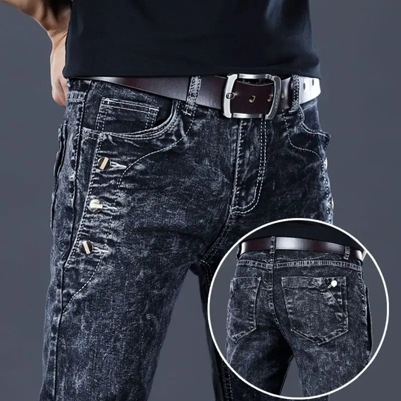 Showlu Men's slim-fit smoke gray denim jeans, Korean Kpop streetwear style, casual and stylish men's cowboy pants.