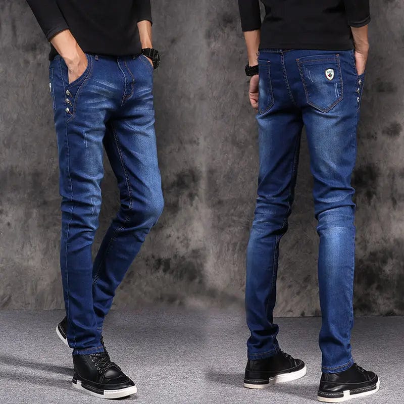 Showlu men's slim-fit smoke gray denim jeans with a stylish Korean Kpop streetwear look, casual cowboy-inspired design.