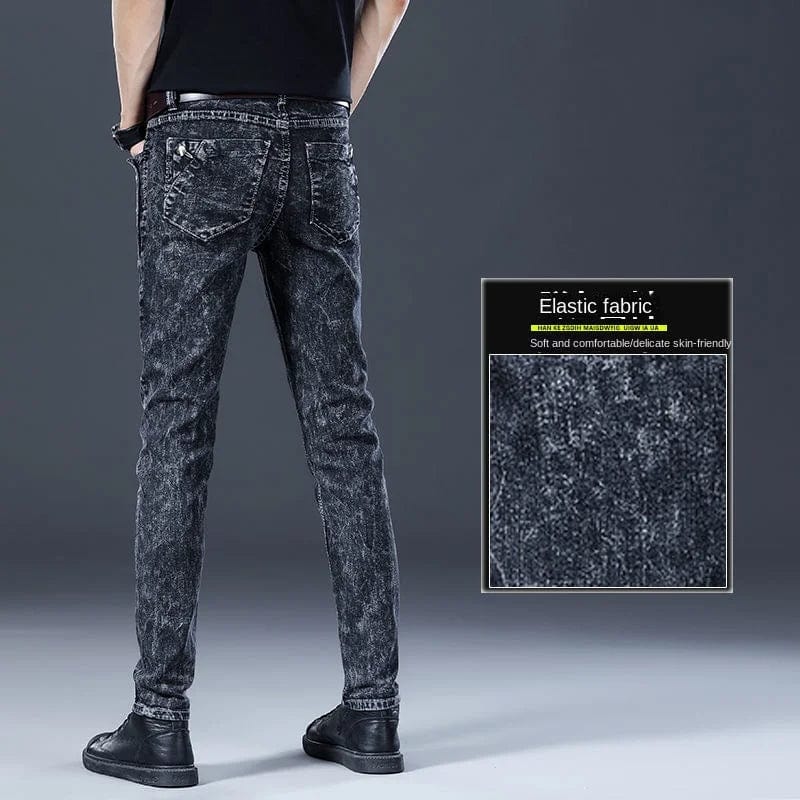 Showlu Men's slim-fit smoke gray denim jeans featuring classic Korean streetwear style, casual cowboy-inspired design for men.