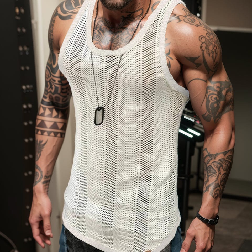 White knitted cut-out vest by SHOWLU FASHION STORE, slim fit summer fashion top with stylish open-knit design.