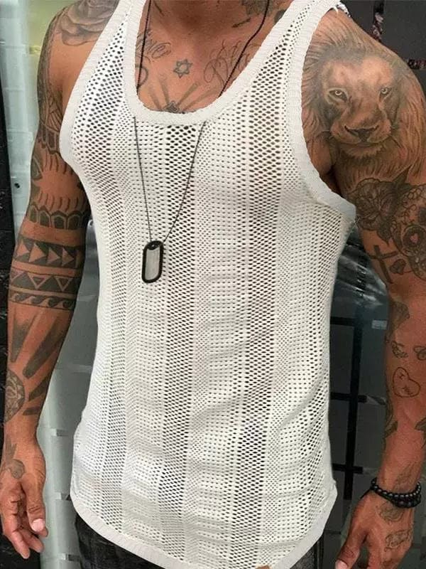 White knitted cut-out vest by SHOWLU FASHION STORE, slim fit summer top with stylish open-knit design and sleeveless style.
