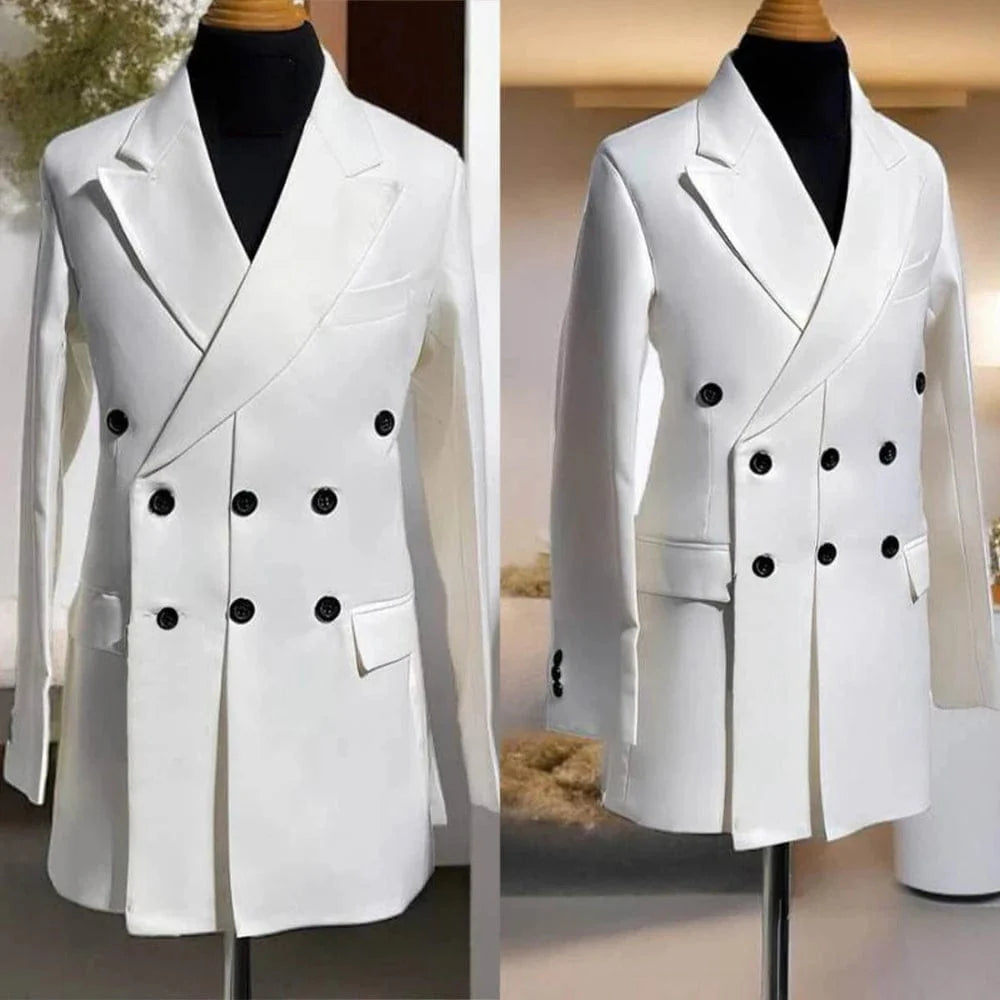 Men's formal long jacket by SHOWLU FASHION STORE, double-breasted blazer with peaked lapel, suitable for business and special occasions.