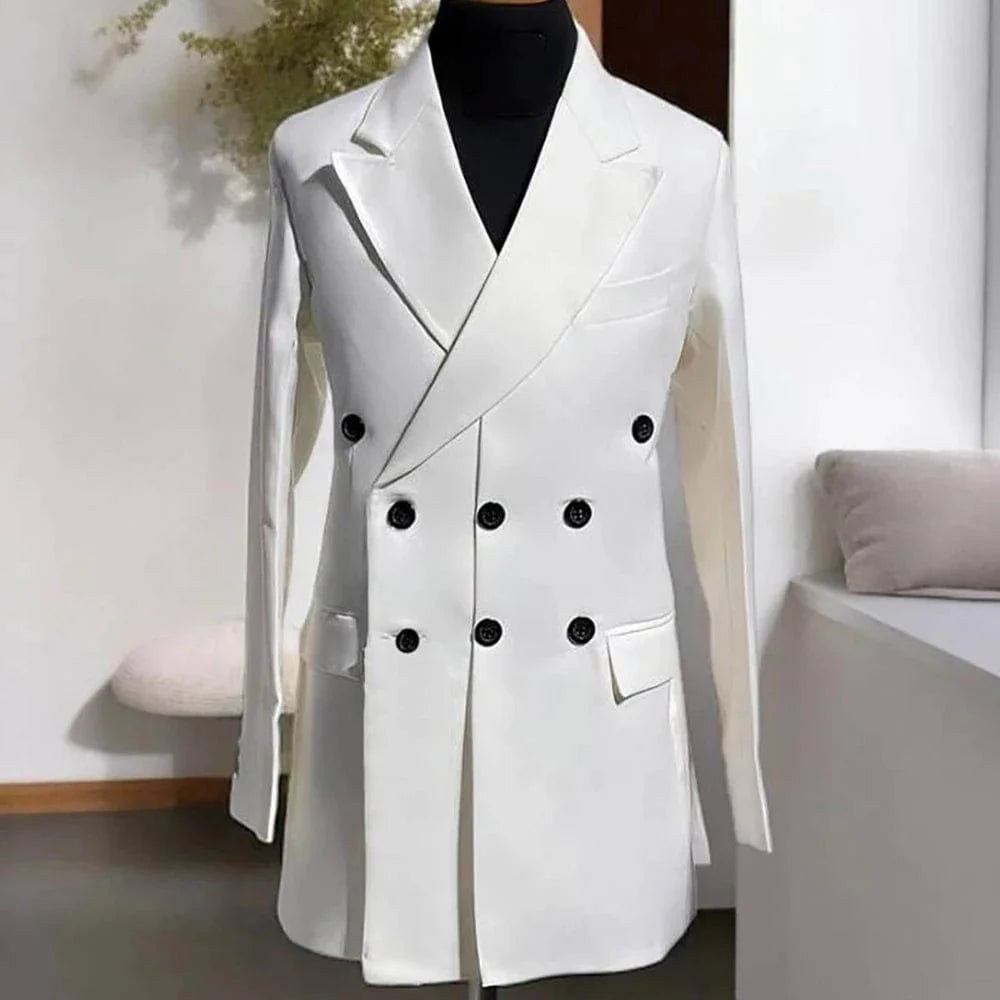 Men's formal long blazer by SHOWLU FASHION STORE, double-breasted design with peaked lapel, suitable for business or special occasions.