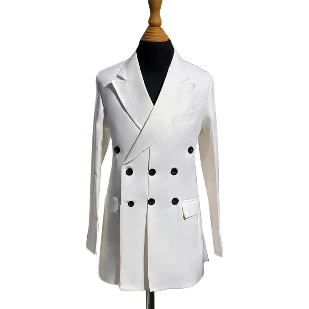 Men's formal long jacket by SHOWLU FASHION STORE, featuring a double-breasted design, peaked lapel, and tailored fit.