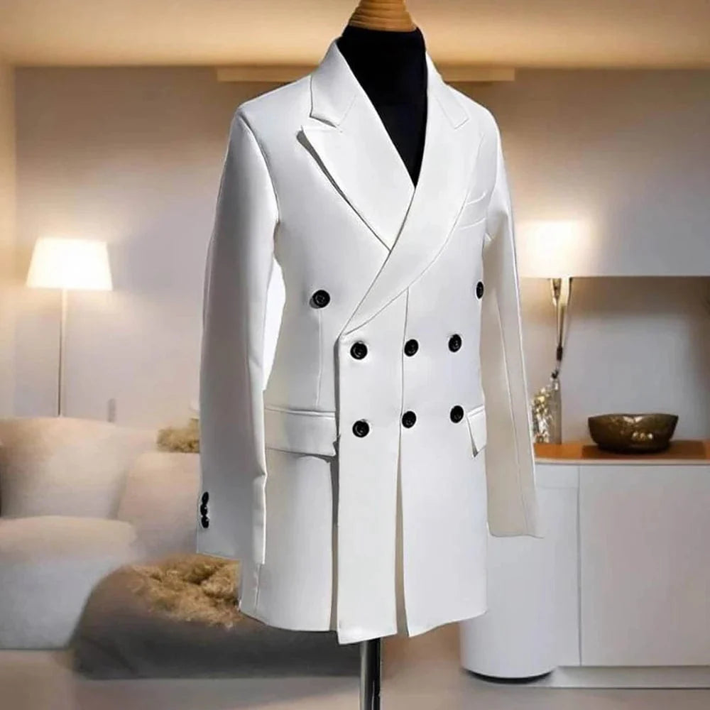 Men's formal long blazer by SHOWLU FASHION STORE, double-breasted with peaked lapel, suitable for business and special occasions.