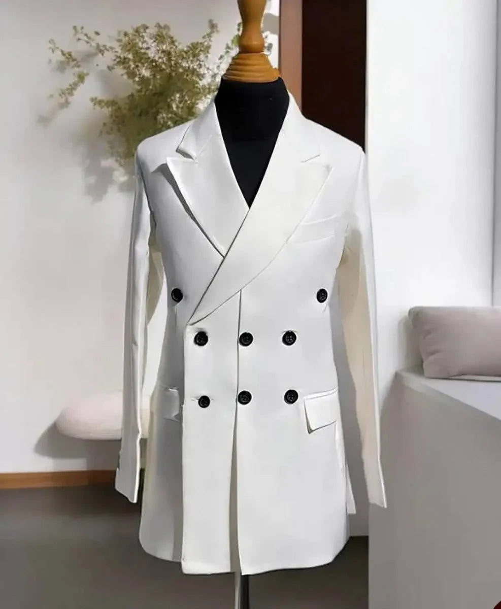 Men's formal long blazer by SHOWLU FASHION STORE with double-breasted design, peaked lapel, suitable for business, parties, or prom.